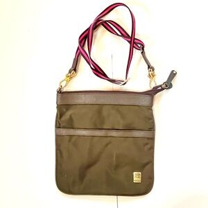 JPK Paris 75 Olive Green Crossbody Purse Nylon and Leather Brown & Pink Strap